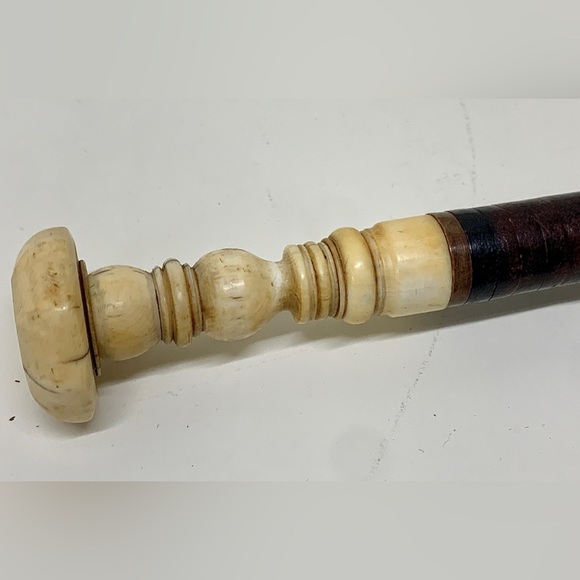19th Century Antique Turned Bone Stacked Leather Walking Stick England - Picture 6 of 16